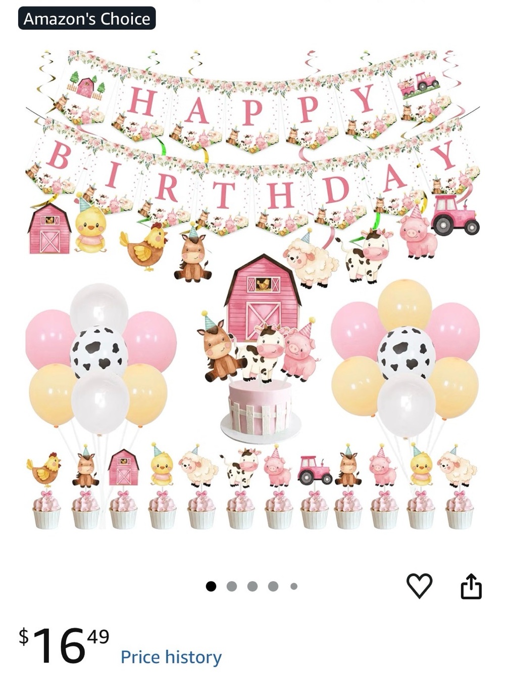 Pink Farm Animal Happy Birthday Party Decoration Set